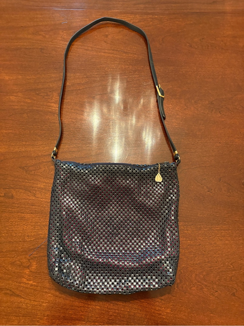 Whiting and Davis Navy Blue Metal Mesh with Leather Strap Crossbody Shoulder Bag